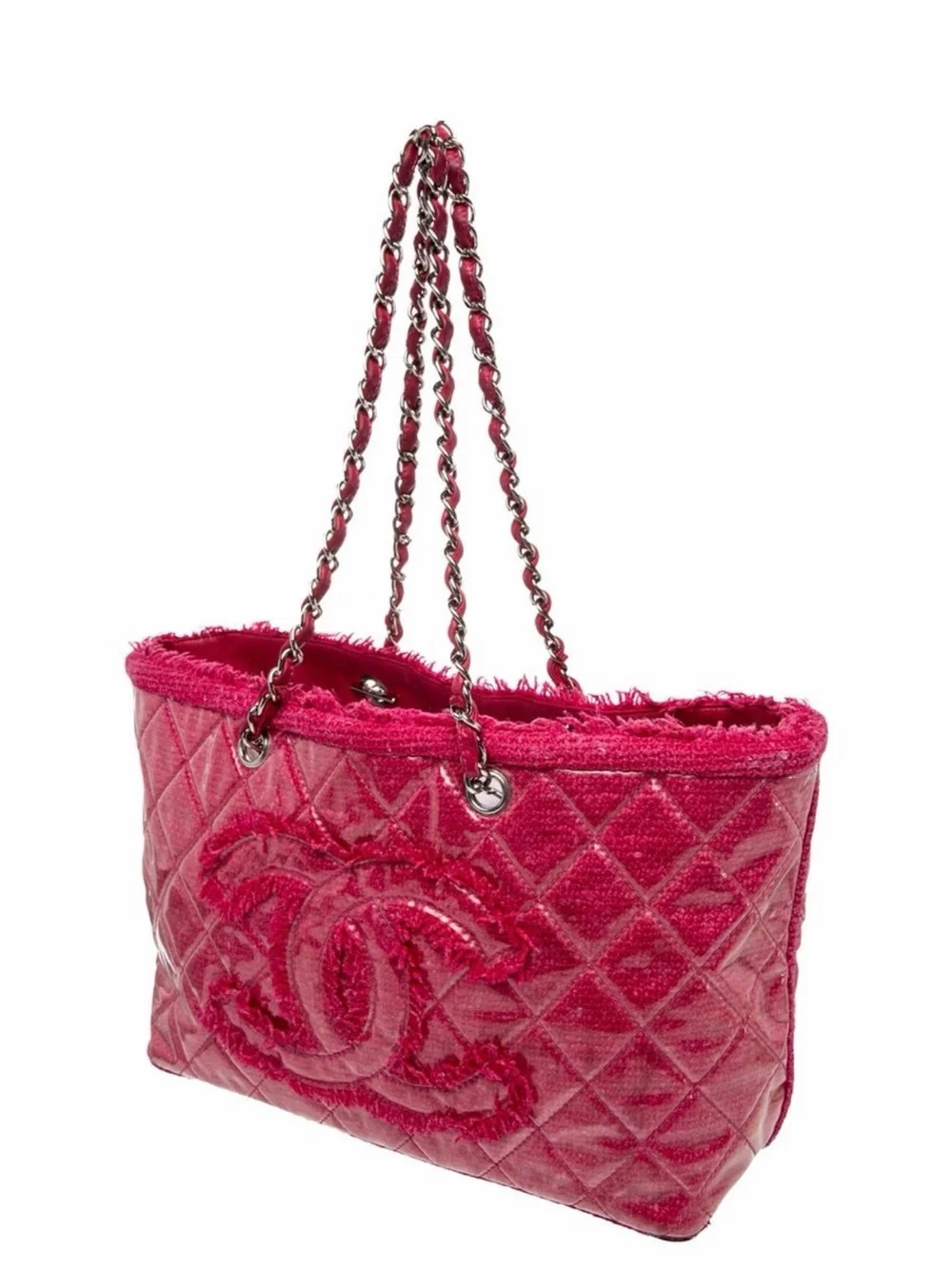 CHANEL Hot Pink Quilted Tote with Chain-Strap Handles